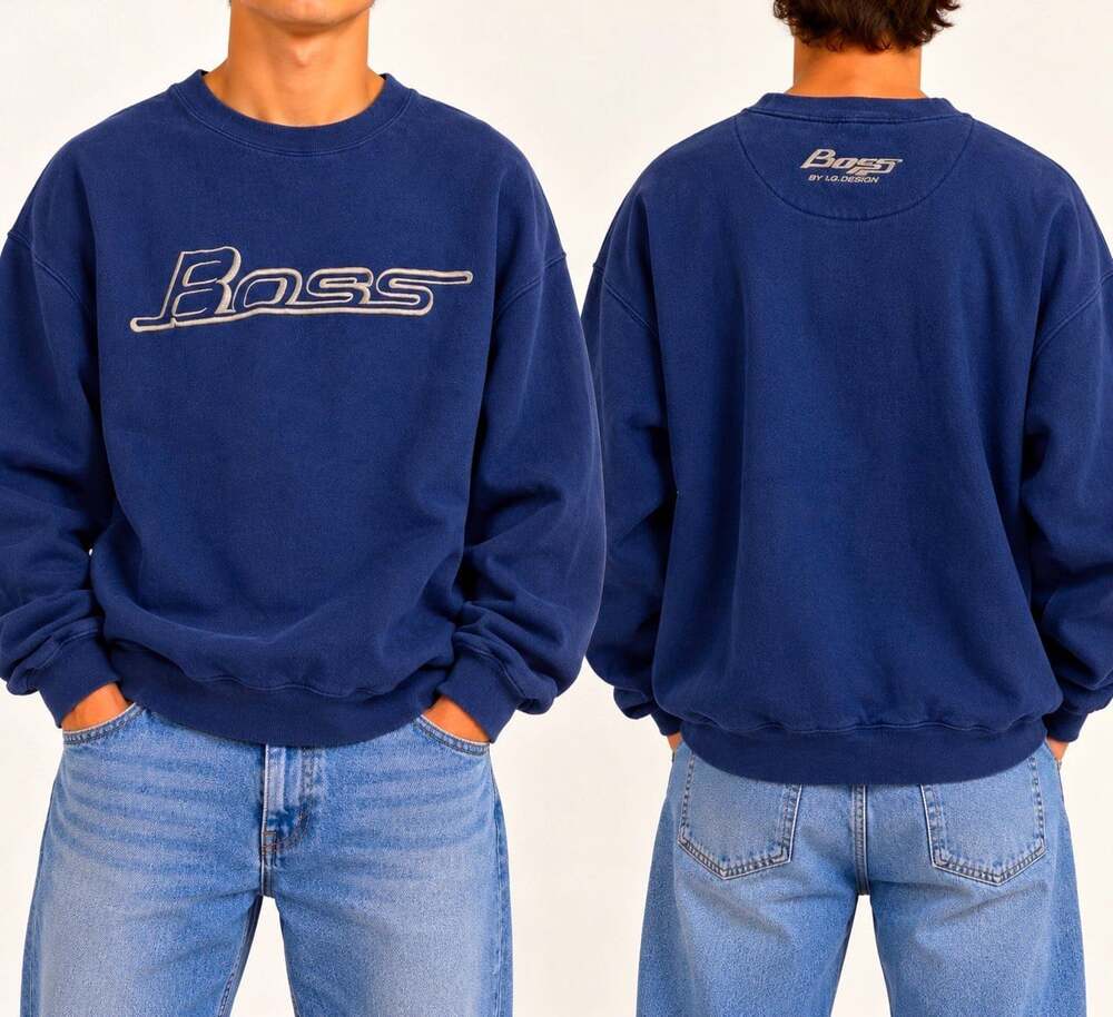BOSS 1990’s Men’s Blue Crewneck Fleece Sweatshirt Logo Embroidered XL Vintage